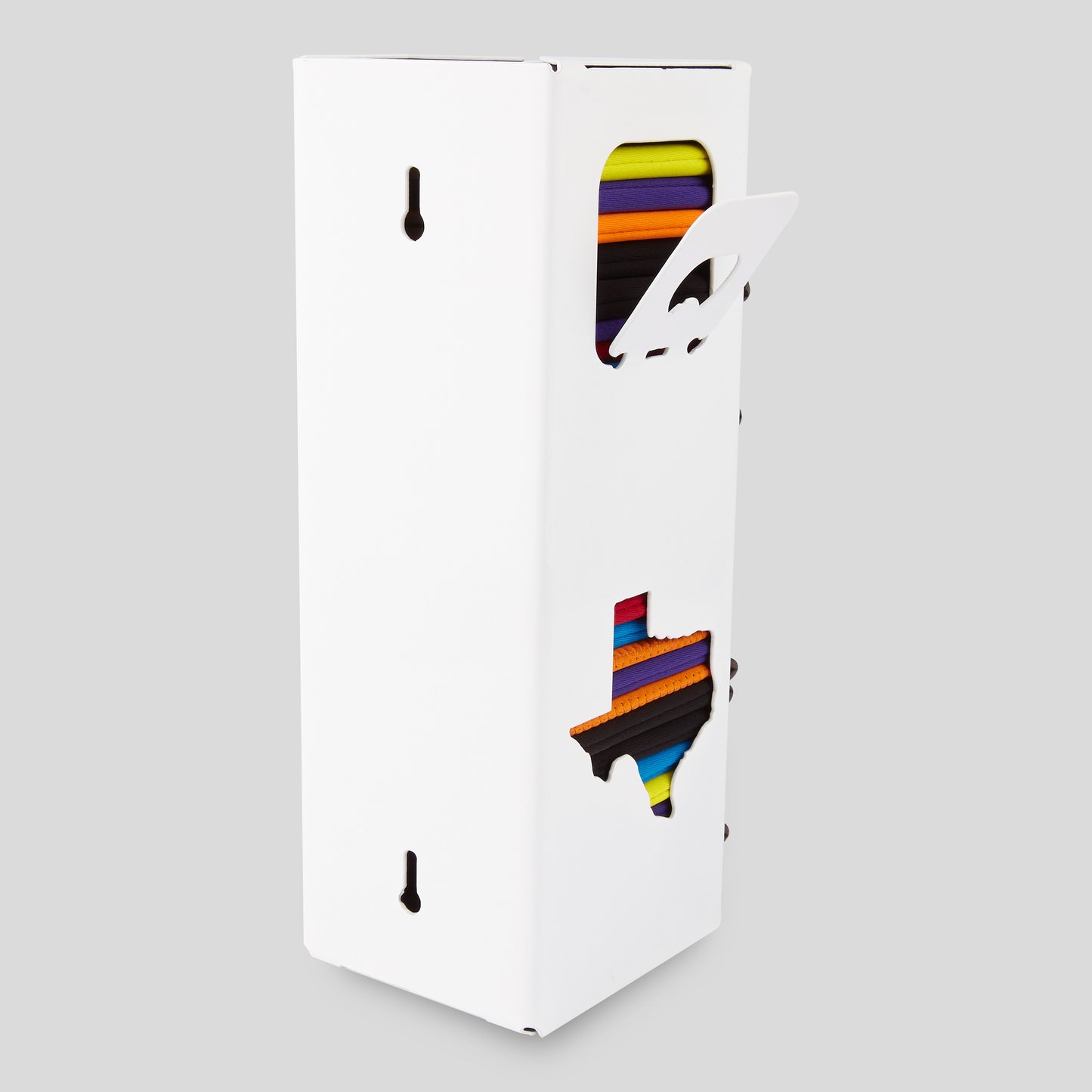 White metal koozie dispenser with bottle opener and Texas cutout that holds up to 36 koozies.