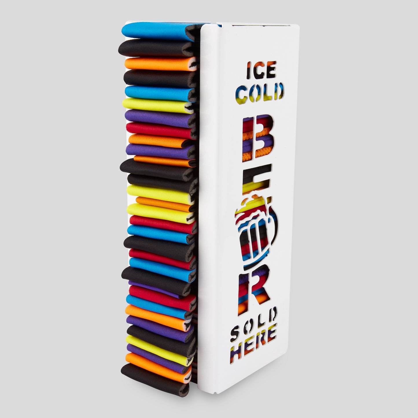 White metal koozie holder that holds up to 36 koozies.