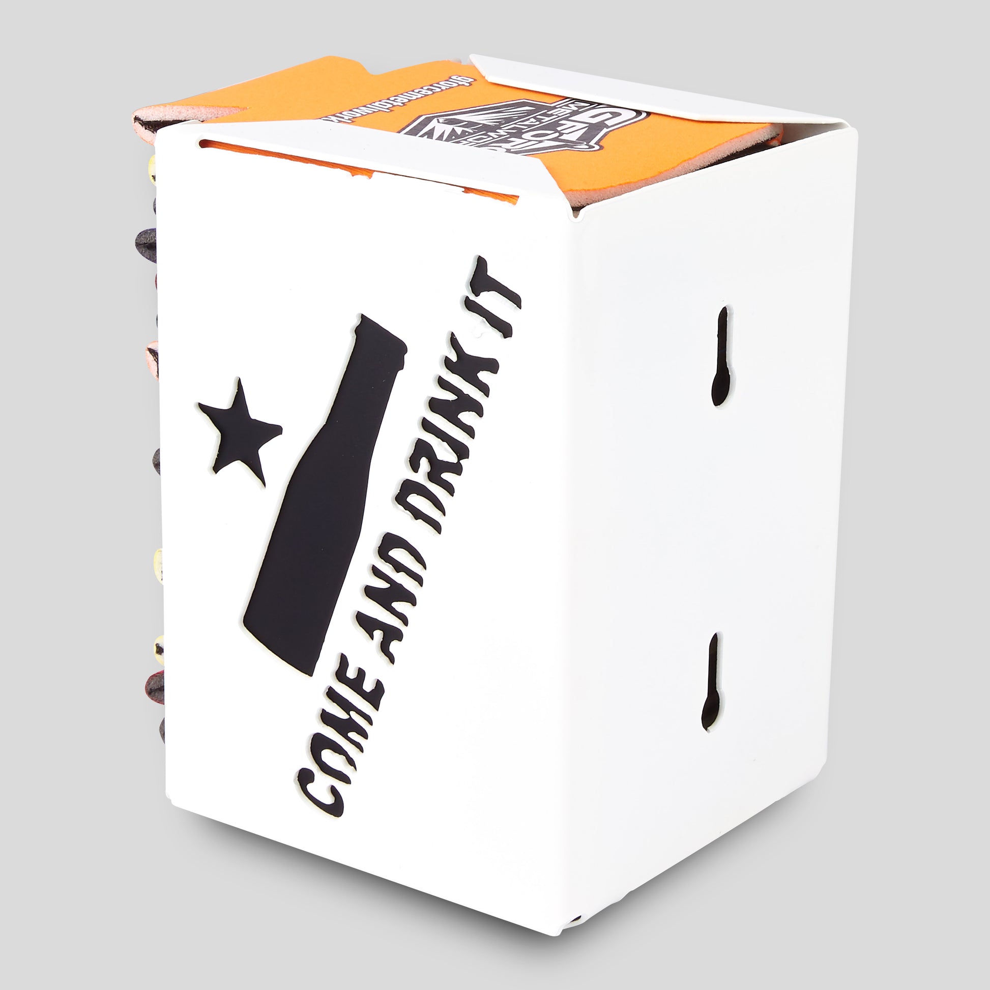 White metal koozie holder with Come and Drink It design cutout that holds up to 18 koozies.